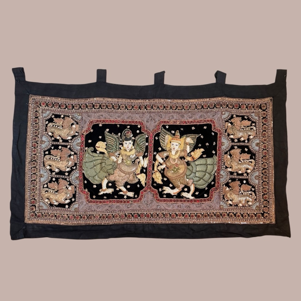 Antique Early 1900s Burmese Kalaga Tapestry Kinnara & Kinnari Beaded Embroidered